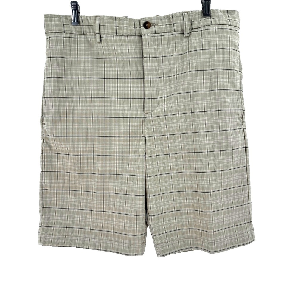 Greg Norma Golf Shorts Men's 36 Biege Plaid Activewear Flat Front Stretch Preppy